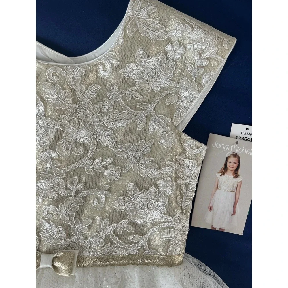 New Jona Michelle‎ Girls Floral Appliqué Metallic  Ruffle Dress size 8 Ivory
